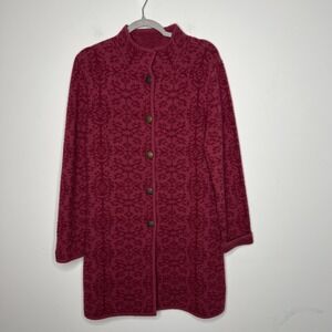 Sundance Sweater Coat Womens XS Pink Jacquard Lambswool Button Front Longline‎